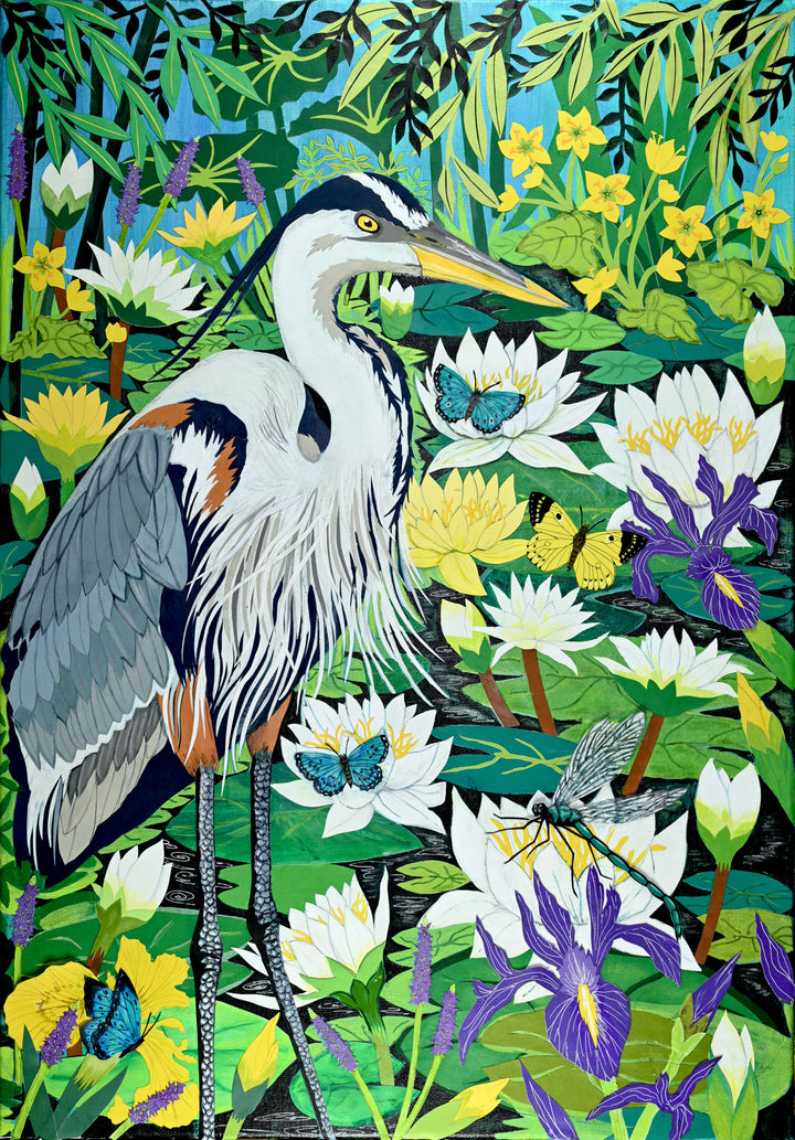 Cut-paper artwork depicting a heron standing among white and yellow waterlilies', irises and dense green foliage, surrounded by butterflies and a dragonfly; richly layered paper textures and vibrant botanical detail create a lush, immersive scene.