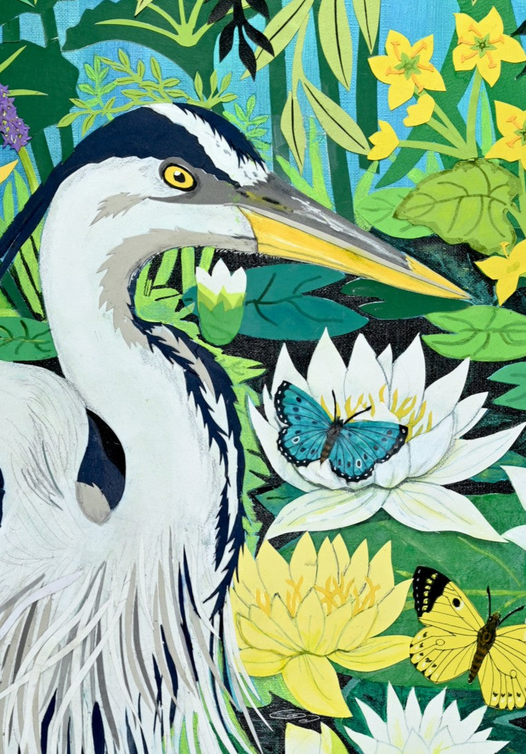 Cut-paper artwork depicting a heron standing among white and yellow waterlilies', irises and dense green foliage, surrounded by butterflies and a dragonfly; richly layered paper textures and vibrant botanical detail create a lush, immersive scene.