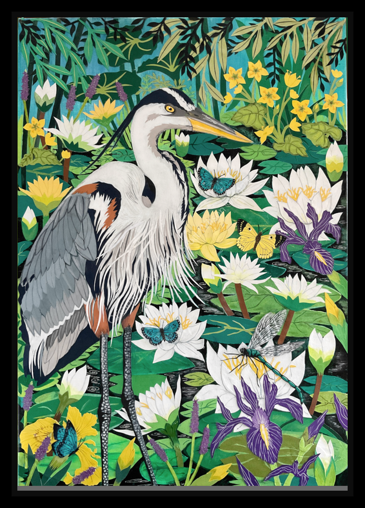 Cut-paper artwork depicting a heron standing among white and yellow waterlilies', irises and dense green foliage, surrounded by butterflies and a dragonfly; richly layered paper textures and vibrant botanical detail create a lush, immersive scene.