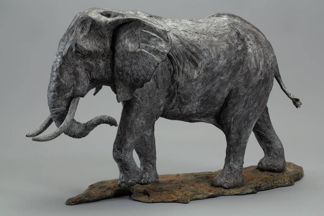 Sculpted elephant in textured grey bronze, shown mid-step with detailed tusks and wrinkled surface, mounted on a naturalistic base