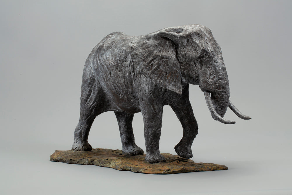 Sculpted elephant in textured grey bronze, shown mid-step with detailed tusks and wrinkled surface, mounted on a naturalistic base