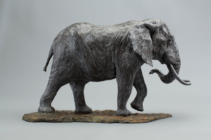 Sculpted elephant in textured grey bronze, shown mid-step with detailed tusks and wrinkled surface, mounted on a naturalistic base