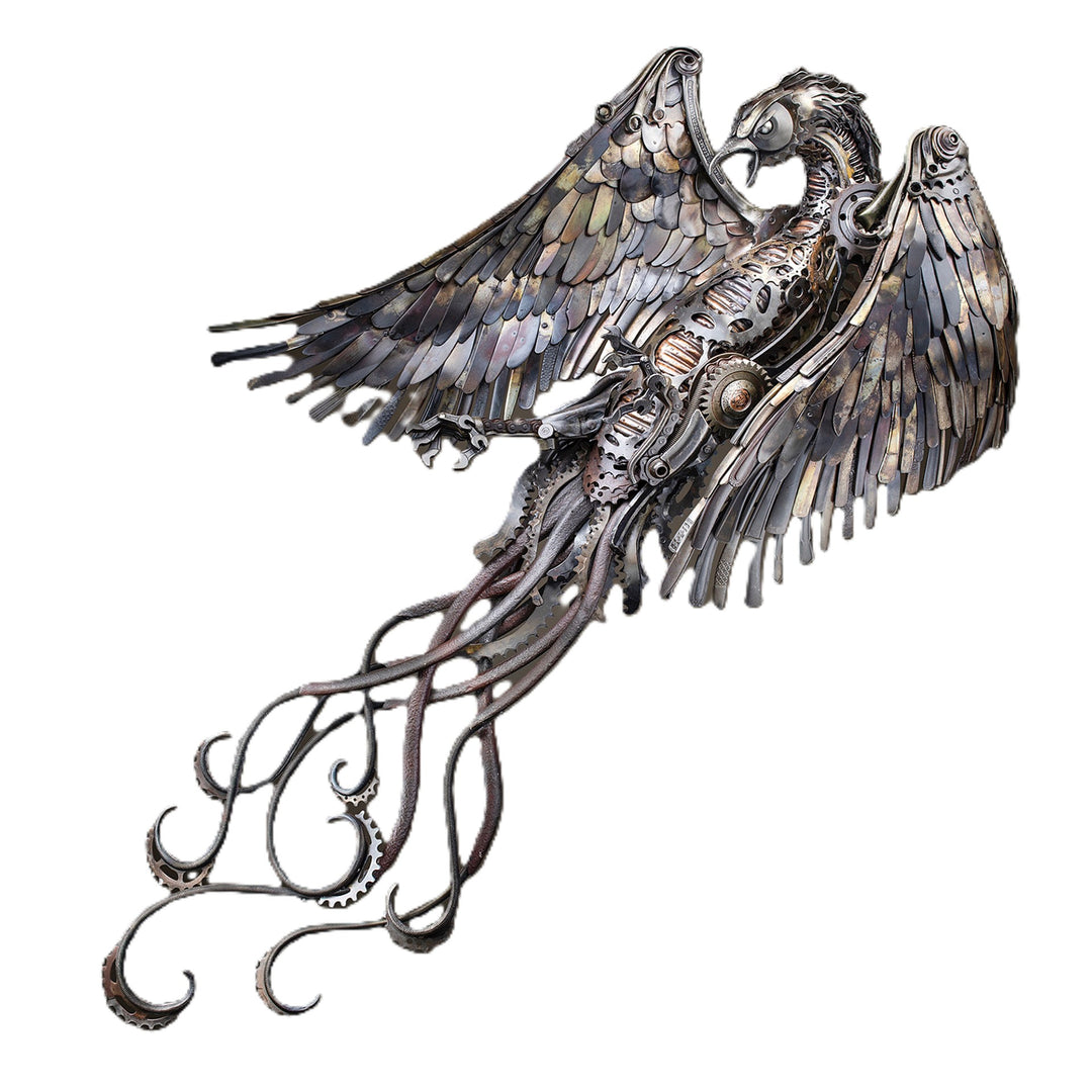 Winged steampunk Phoenix sculpture crafted from reclaimed metal with mechanical detailing and flowing tentacle-like elements.