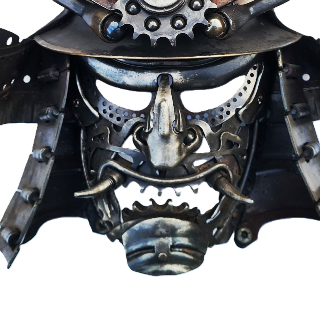 Samurai-inspired helmet sculpture crafted from reclaimed metal with intricate steampunk detailing.