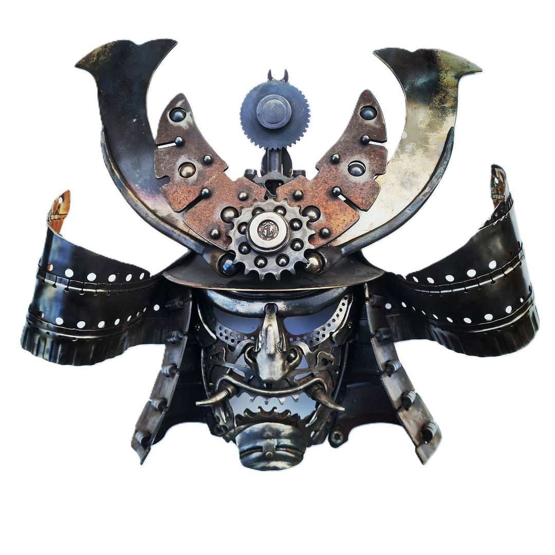 Samurai-inspired helmet sculpture crafted from reclaimed metal with intricate steampunk detailing.