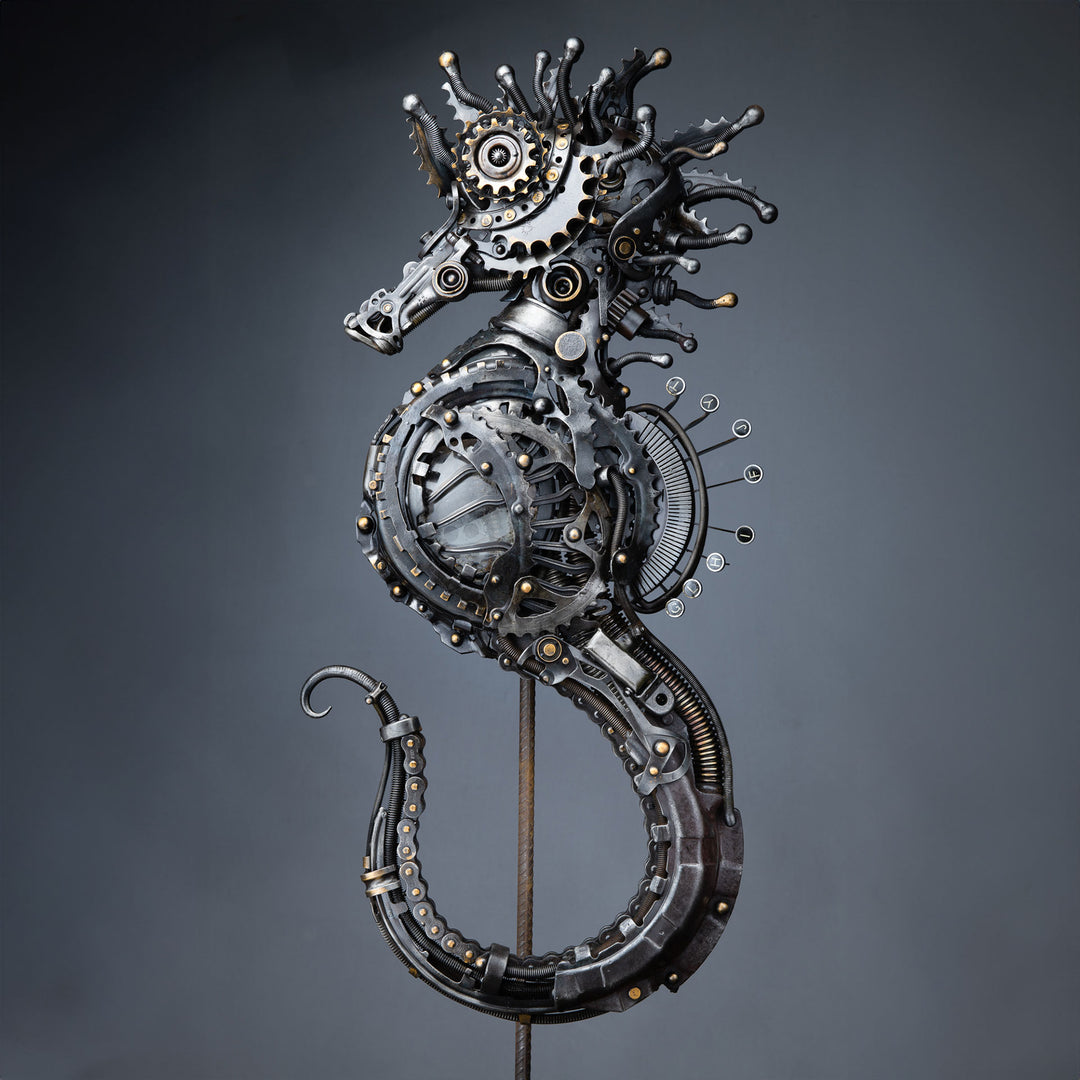 Steampunk-inspired seahorse sculpture made from reclaimed metal, gears, and intricate mechanical components.