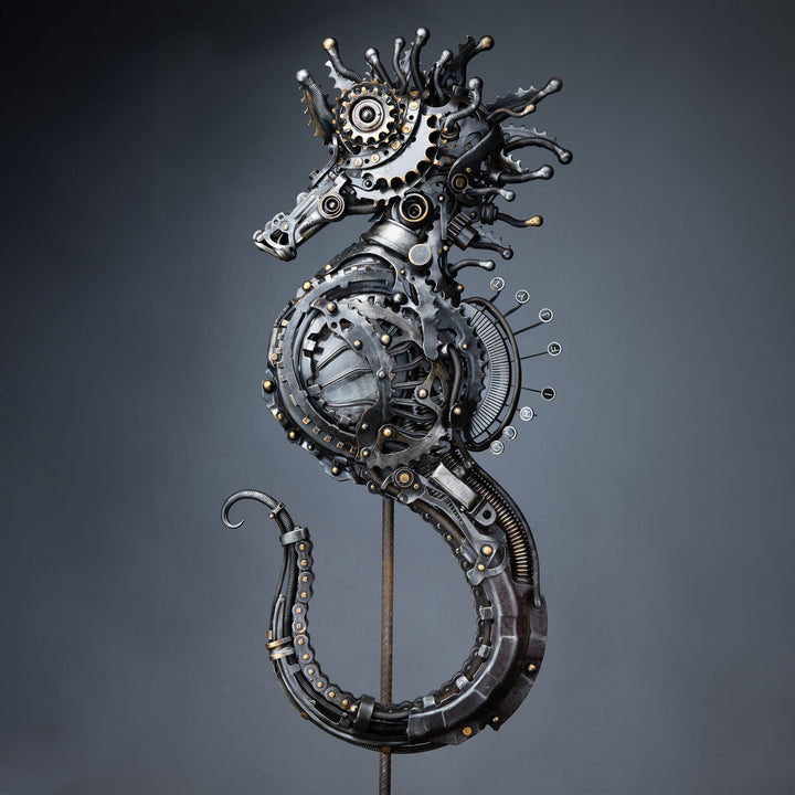 Steampunk-inspired seahorse sculpture made from reclaimed metal, gears, and intricate mechanical components.