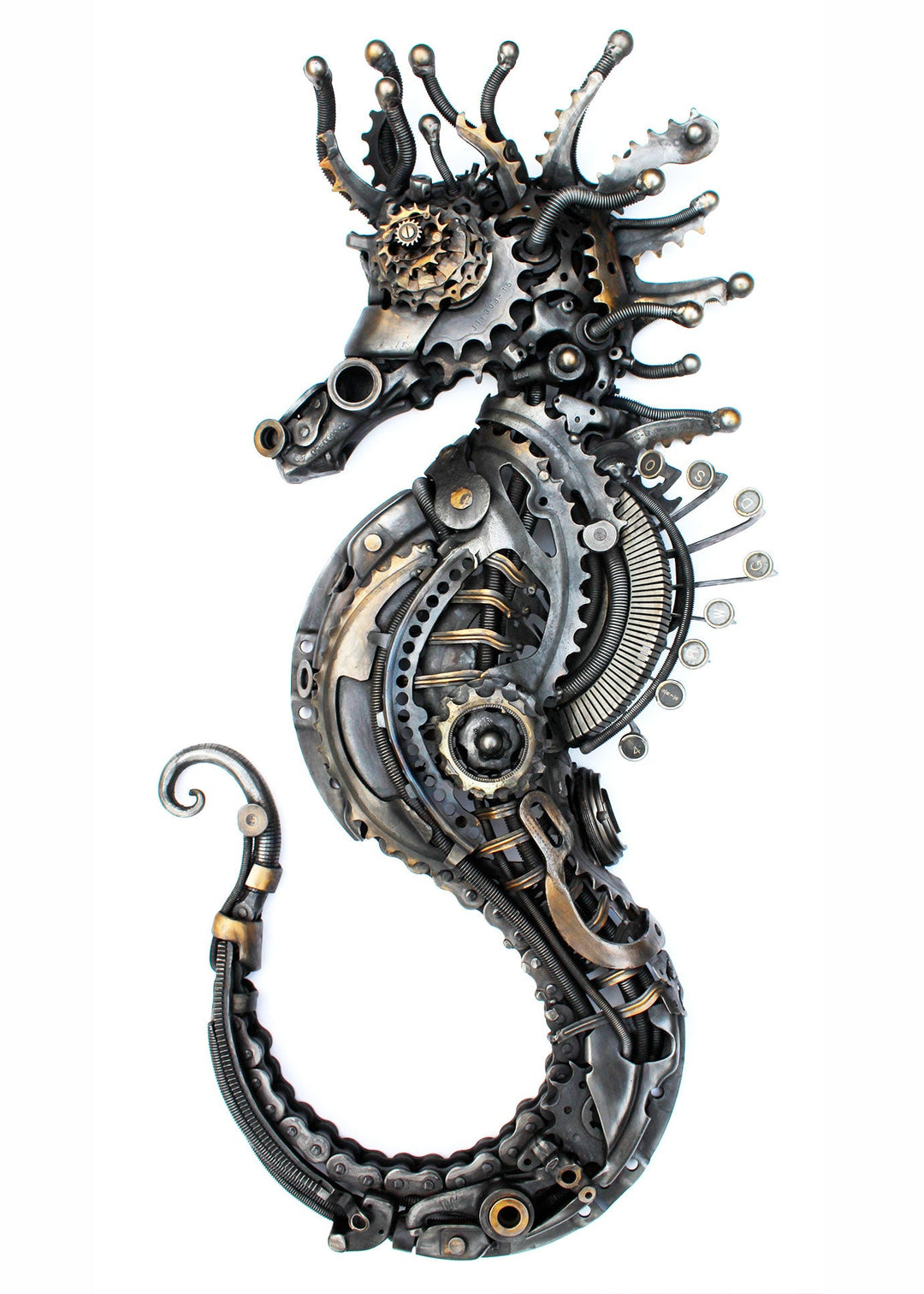 Steampunk-inspired seahorse sculpture made from reclaimed metal, gears, and intricate mechanical components.