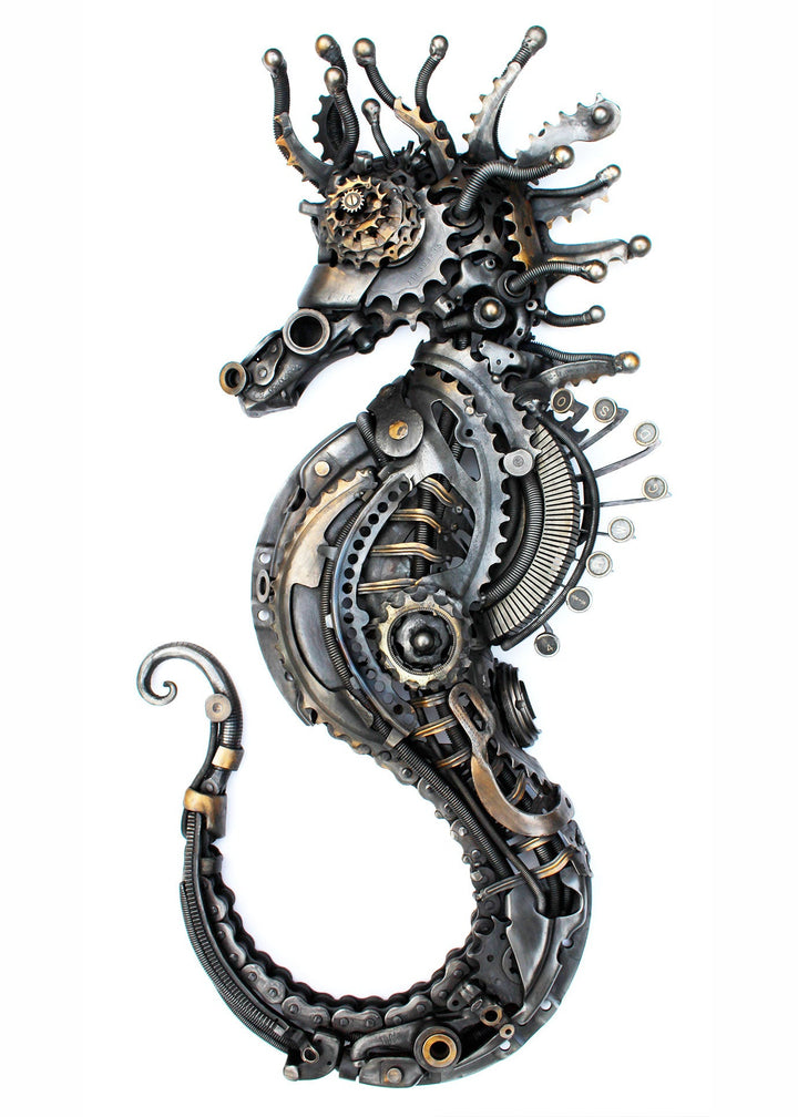 Steampunk-inspired seahorse sculpture made from reclaimed metal, gears, and intricate mechanical components.