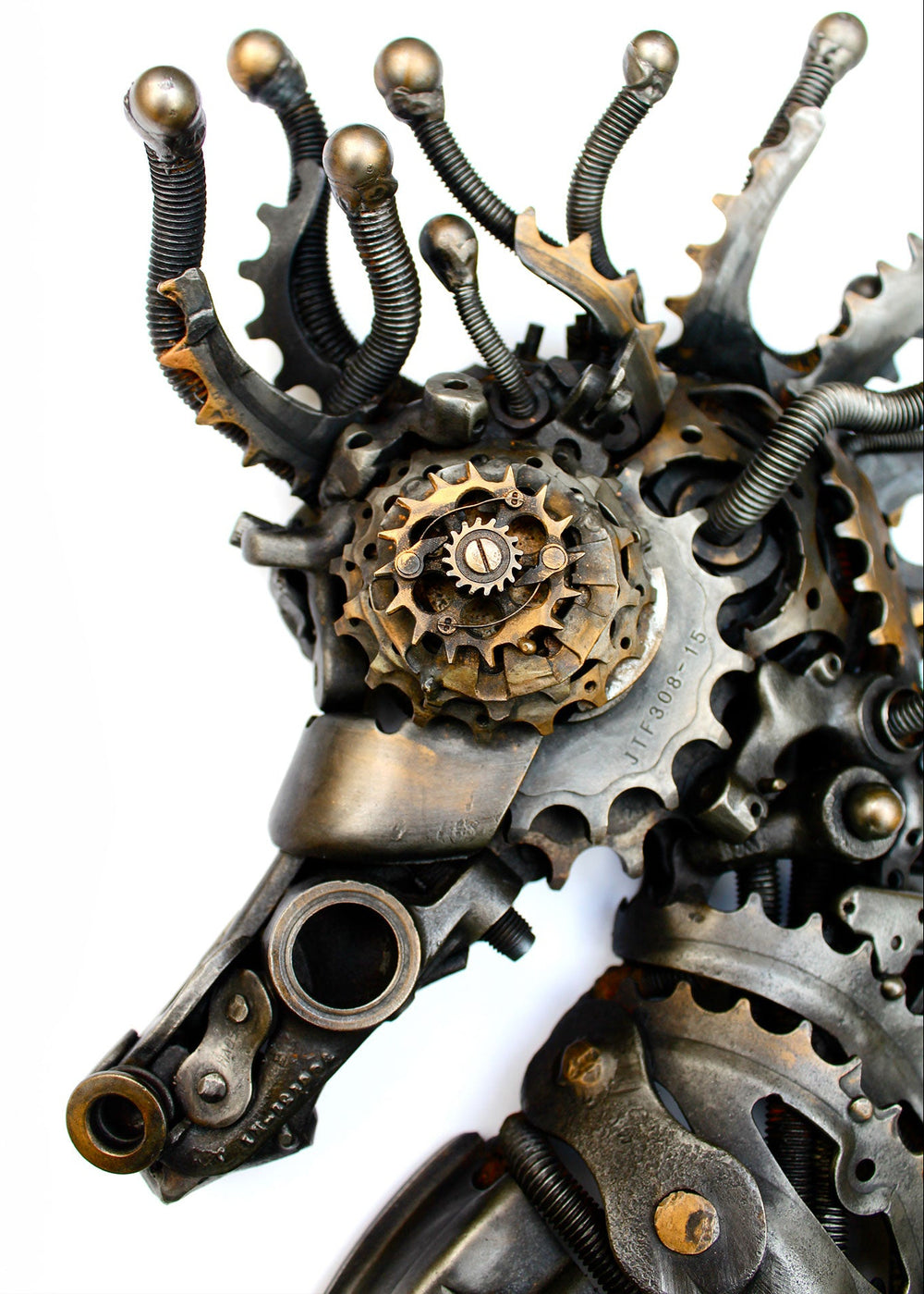 Steampunk-inspired seahorse sculpture made from reclaimed metal, gears, and intricate mechanical components.