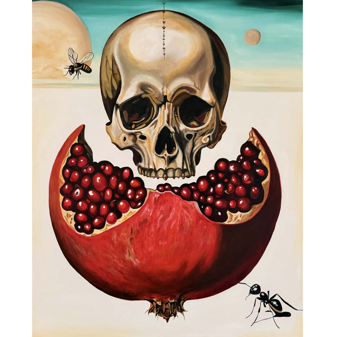 Victoria Saint Alchemy print featuring a skull above a split pomegranate with rich red seeds, symbolic elements of transformation, life and mortality set against a surreal, minimalist landscape.