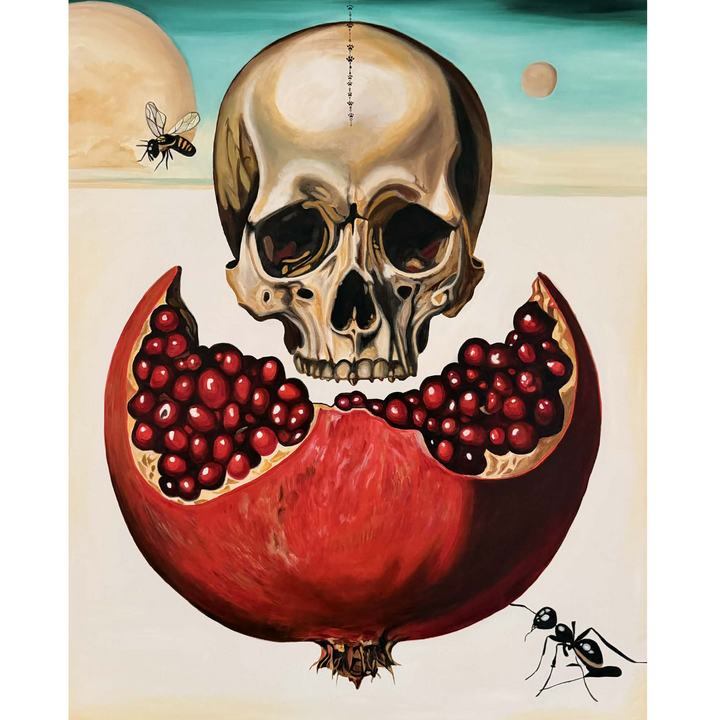 Victoria Saint Alchemy print featuring a skull above a split pomegranate with rich red seeds, symbolic elements of transformation, life and mortality set against a surreal, minimalist landscape.
