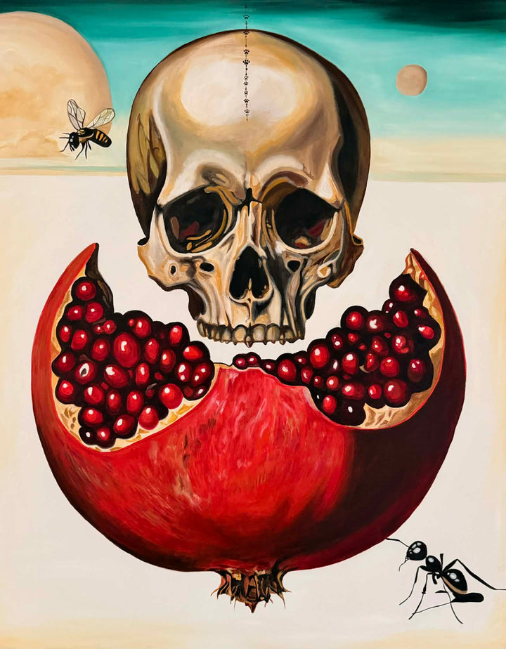 Victoria Saint Alchemy oil painting featuring a skull above a split pomegranate with rich red seeds, symbolic elements of transformation, life and mortality set against a surreal, minimalist landscape.