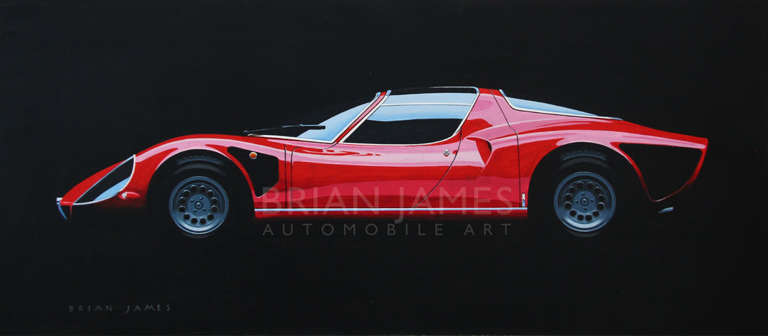 Profile view of a red Alfa Romeo sports car against a black background in a stylised automotive painting.
