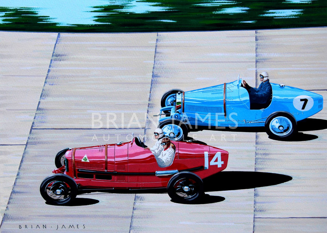 Stylised artwork of vintage red and blue race cars on a concrete racetrack in side-by-side competition.

