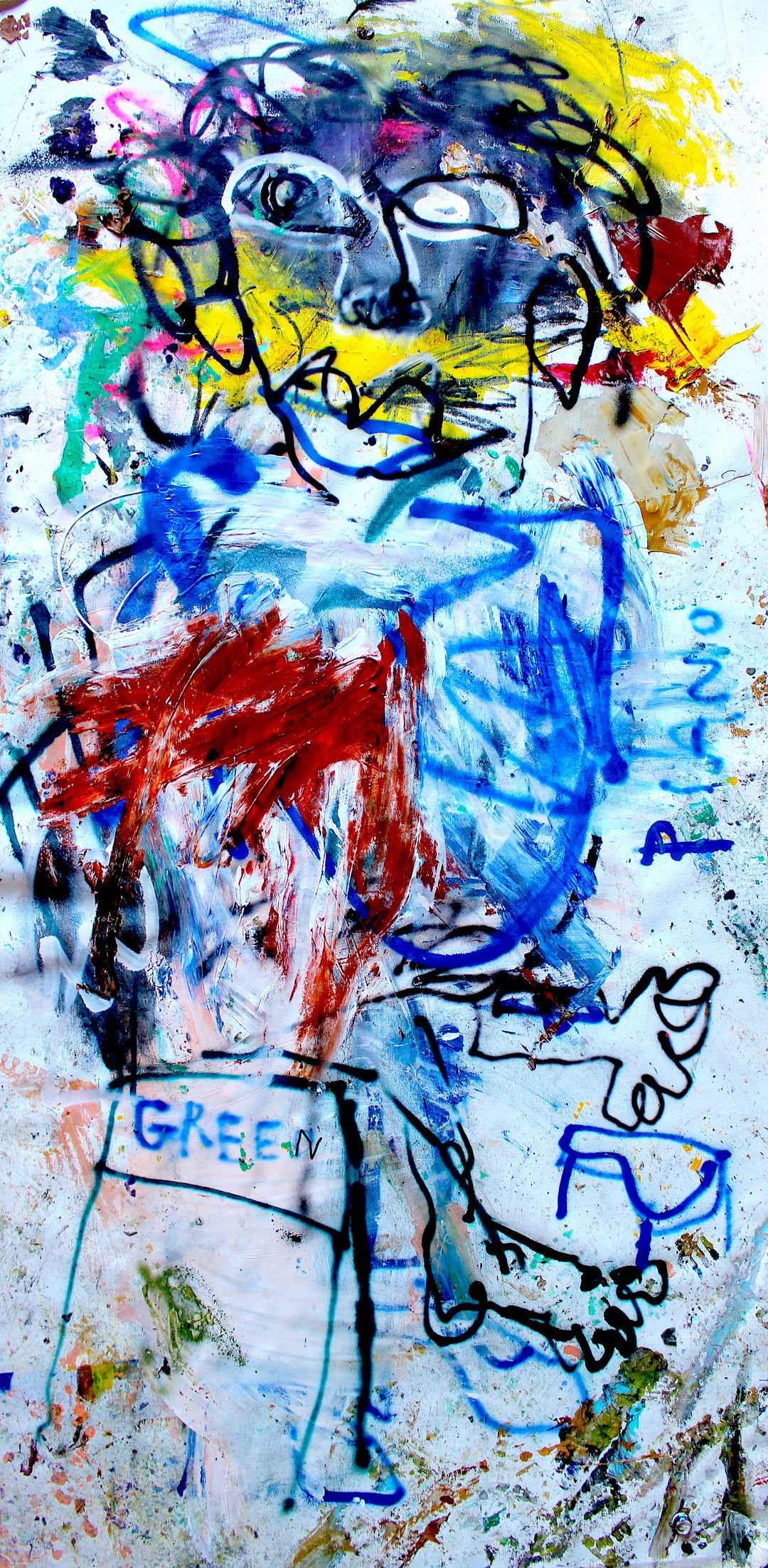 Abstract figurative painting featuring a distorted human form outlined in black with vivid brushstrokes of red, blue, yellow, and green against a textured, graffiti-style background.