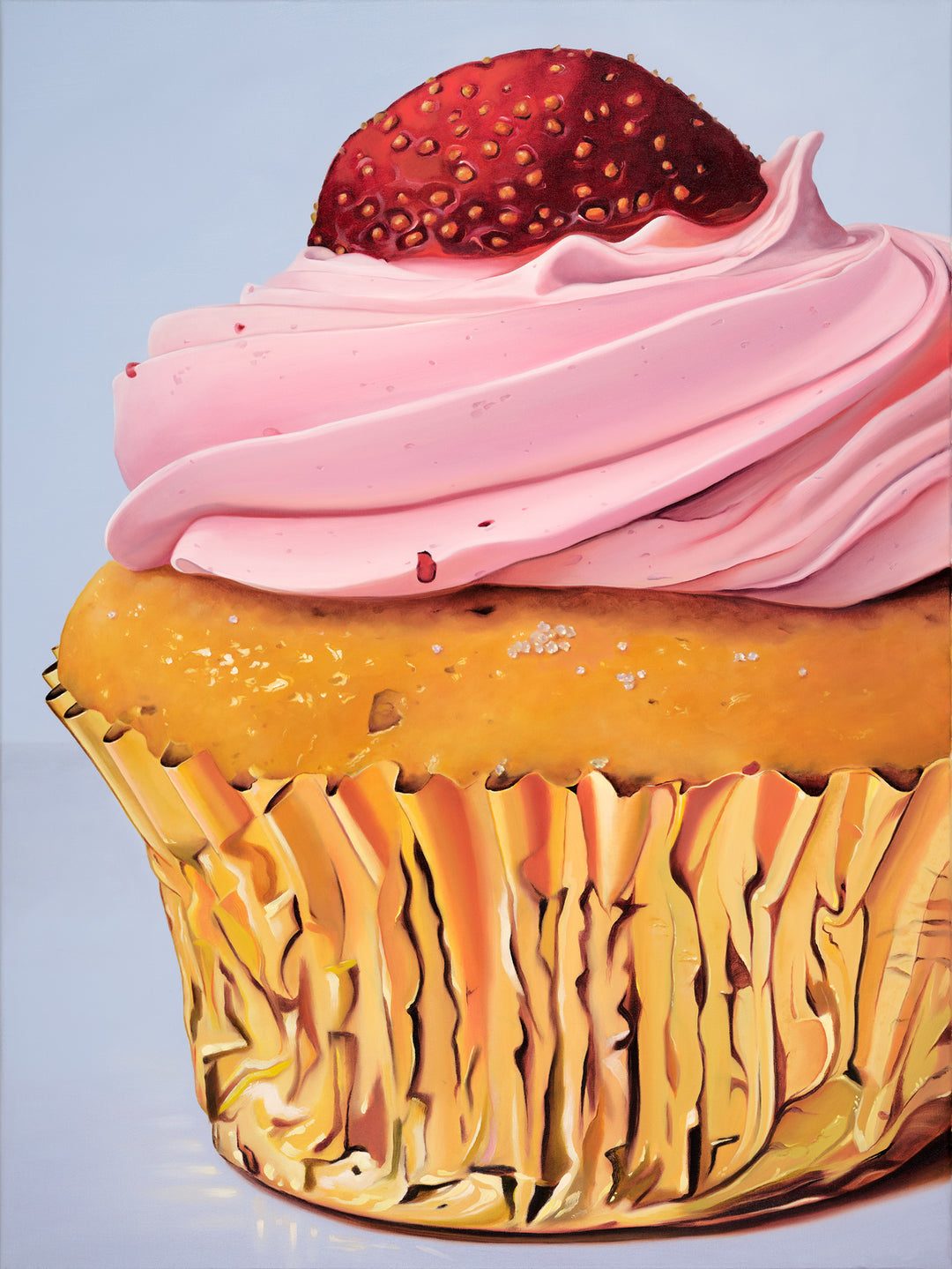 Hyperrealist painting of a cupcake with pink frosting, topped with a strawberry and wrapped in a golden paper case