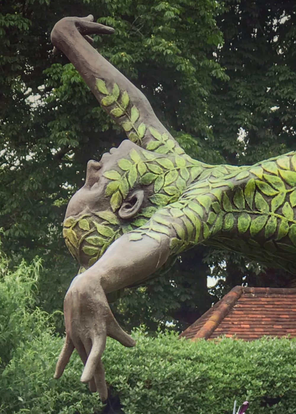 Bronze sculpture of a slender female figure arched forward in a powerful, elongated pose, balanced on one foot atop a wooden plinth. Her body is patterned with leaf-like, cellular shapes that flow from head to toe, echoing natural growth and organic energy. Photographed outdoors among lush green ferns and tall woodland trees.