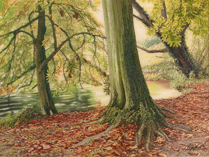 Embroidered woodland scene with moss-covered tree trunks, autumn leaves on the forest floor, and a calm river reflecting soft light.