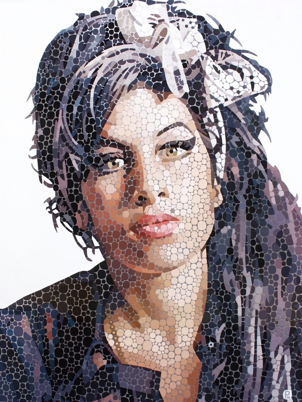 Mosaic-style portrait of a woman with voluminous dark hair, winged eyeliner, and a bow in her hair.

