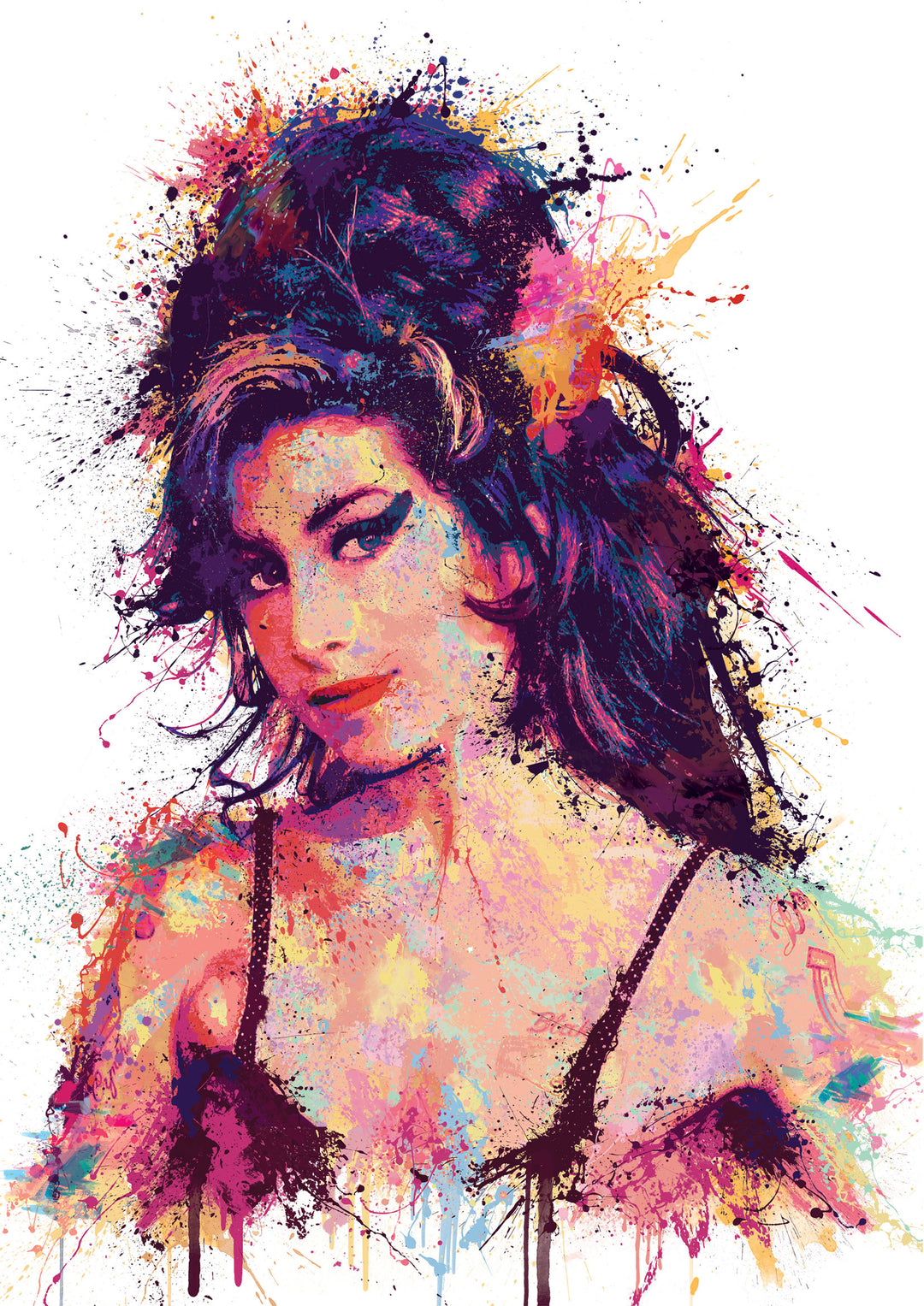 Striking portrait of Amy Winehouse in a bold splatter-paint style, with vivid neon tones and expressive textures capturing her iconic look and soulful gaze.