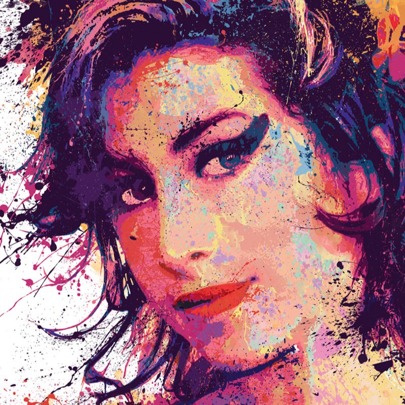 Striking portrait of Amy Winehouse in a bold splatter-paint style, with vivid neon tones and expressive textures capturing her iconic look and soulful gaze.