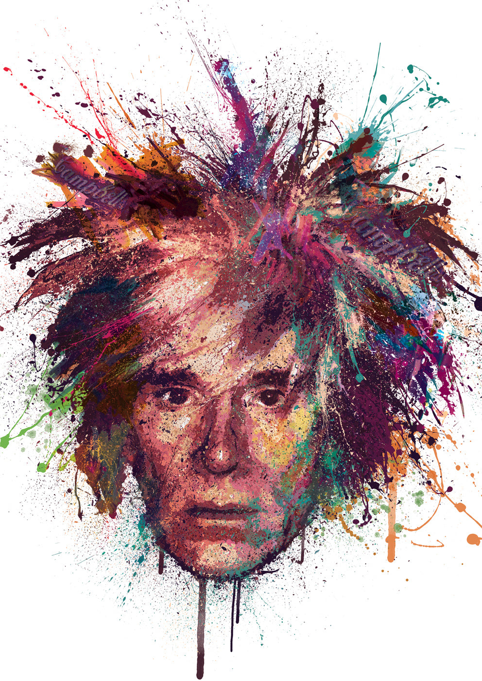 Energetic portrait of Andy Warhol in a splatter-paint style, with explosive colours radiating from his iconic hair and a vivid, expressive face emerging from the chaos.