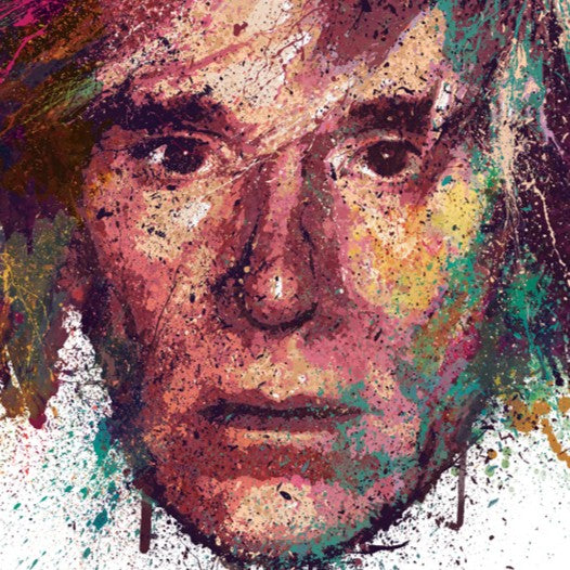 Energetic portrait of Andy Warhol in a splatter-paint style, with explosive colours radiating from his iconic hair and a vivid, expressive face emerging from the chaos.