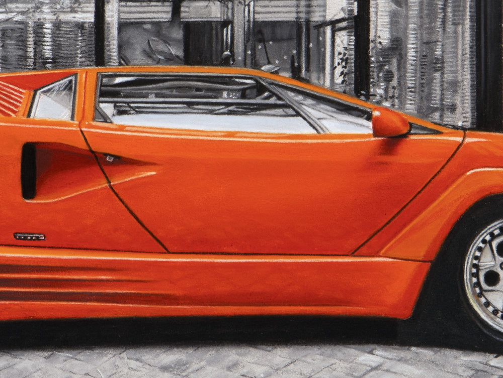 Limited edition giclée print by Ray West depicting an orange Lamborghini Countach 25th Anniversary parked in the courtyard of The Peninsula Hotel London, rendered in hyper-realistic pastel detail with a vivid Arancio Miura body set against a finely detailed monochrome architectural backdrop, printed on archival quality fine art paper.