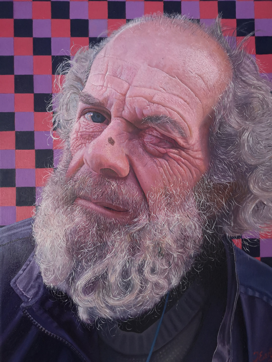 Anthony by James Earley — a hyperrealist oil portrait of a bearded man with expressive eyes, set against a vivid checkerboard background of purples, reds, and blacks. Every line, wrinkle, and hair is painted in meticulous detail, capturing the complexity of emotion in his wry expression.