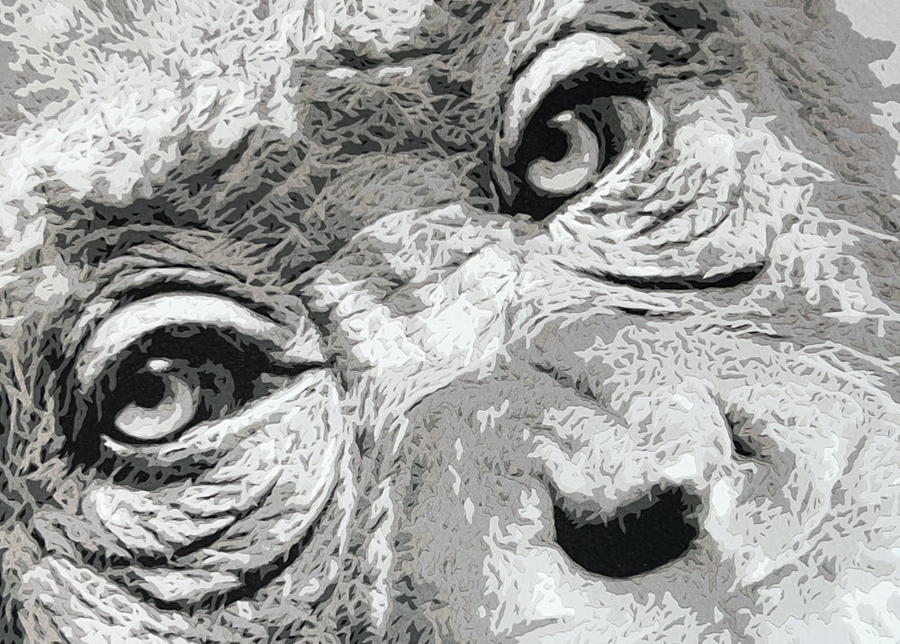 Hand-cut paper artwork of a West African chimpanzee, capturing the soulful depth of her eyes and expressive face. Layered in soft greys, ivory, and charcoal tones, the piece radiates intelligence and empathy, framed in black wood with UV-protective art glass.