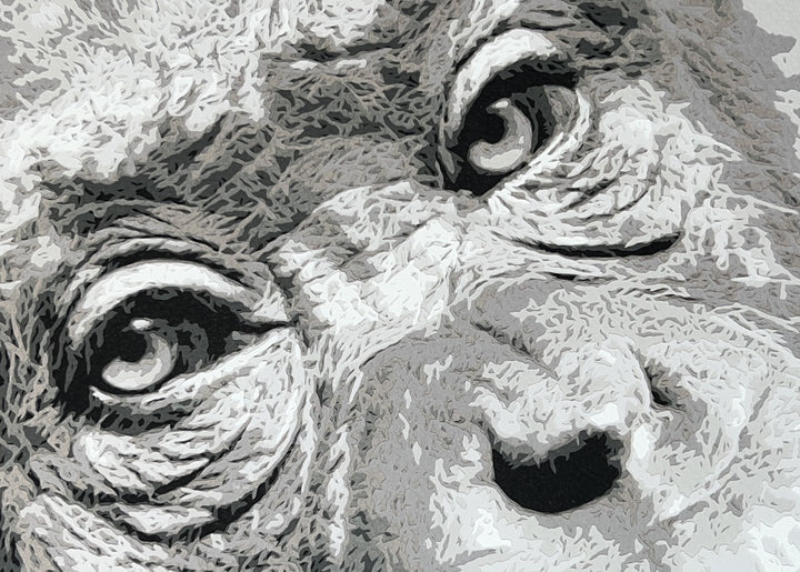 Hand-cut paper artwork of a West African chimpanzee, capturing the soulful depth of her eyes and expressive face. Layered in soft greys, ivory, and charcoal tones, the piece radiates intelligence and empathy, framed in black wood with UV-protective art glass.