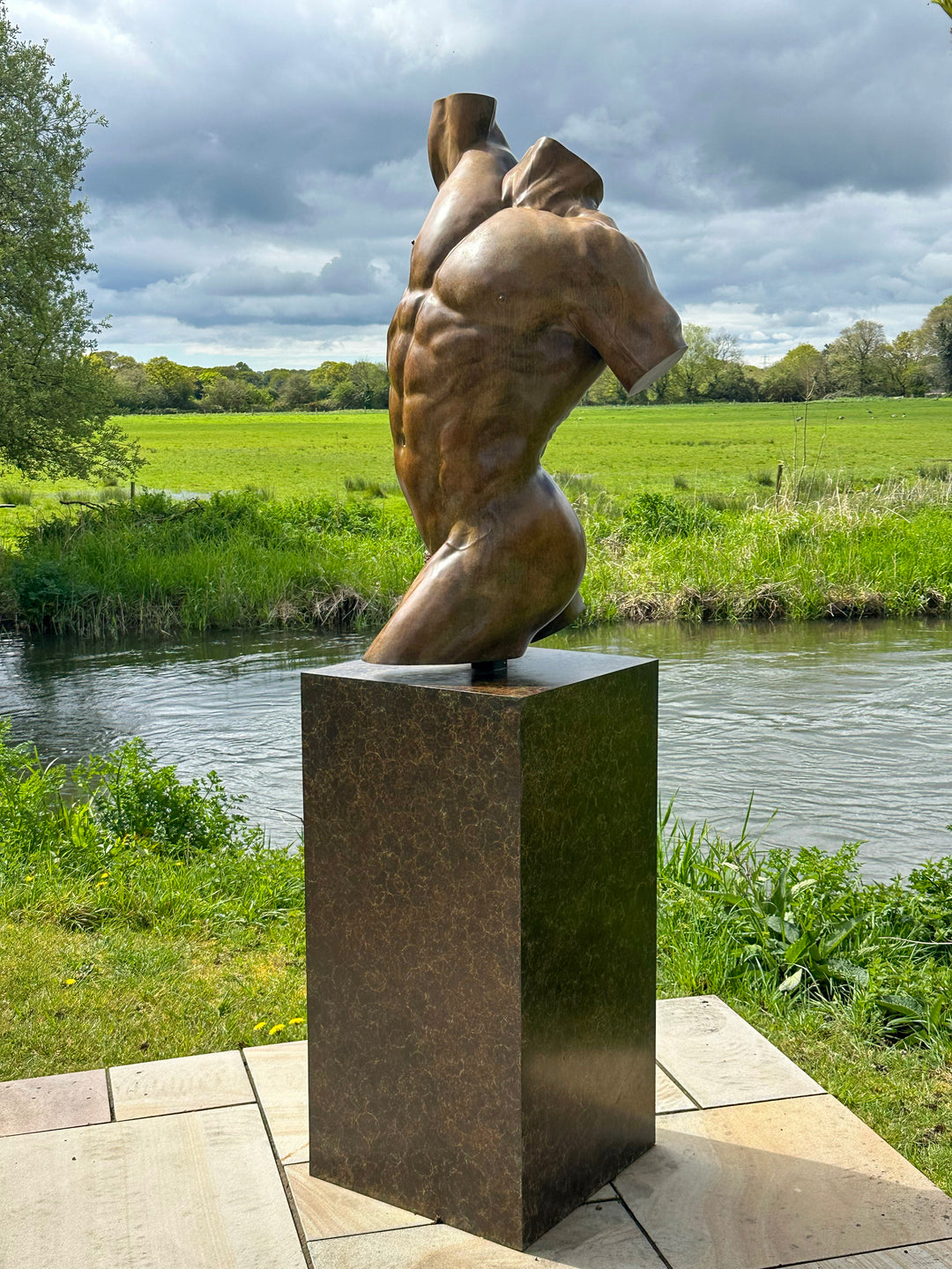 A powerful bronze torso sculpture by Nick Bibby, depicting Apollo with precise classical anatomy, a rich dark-bronze patina, and an upward twisting form displayed on a bronze plinth.