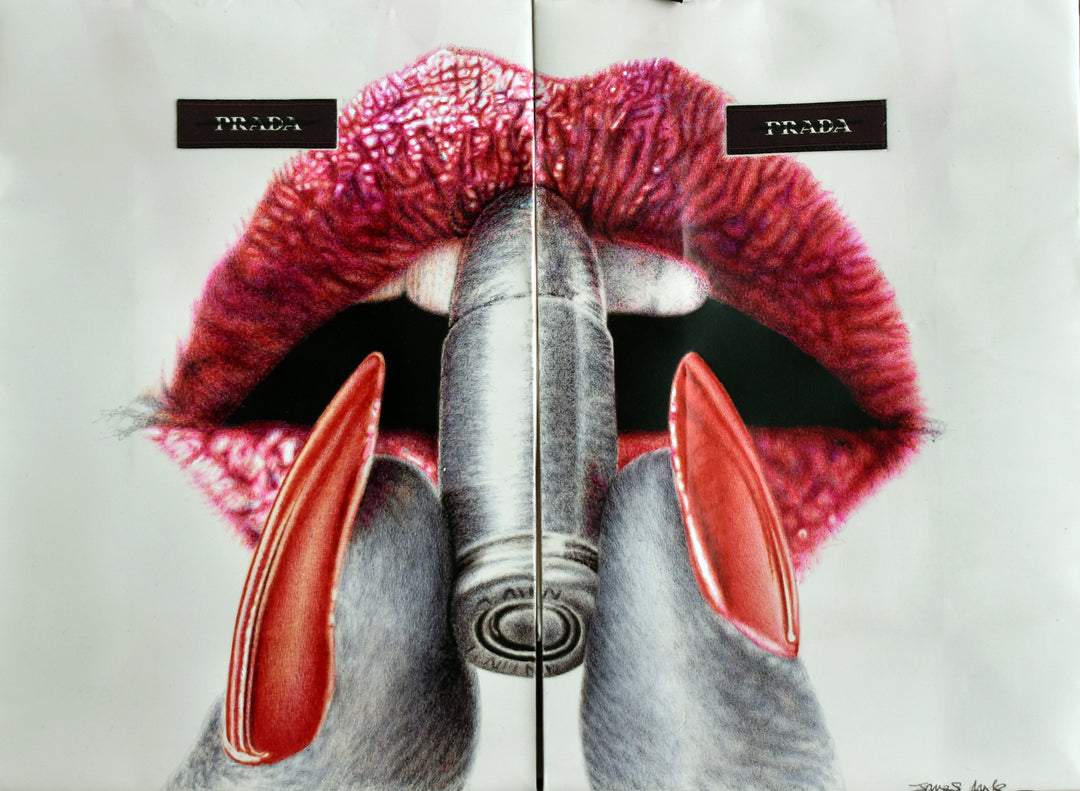 Original artwork titled “Apply With Caution” by James Mylne, featuring a provocative hyperrealistic drawing of glossy red lips applying lipstick formed from a bullet. Created using red and black ballpoint pens and acrylic marker on two Prada gift bags, the work is framed in a black box frame with red detailing and ribbon handles exposed.