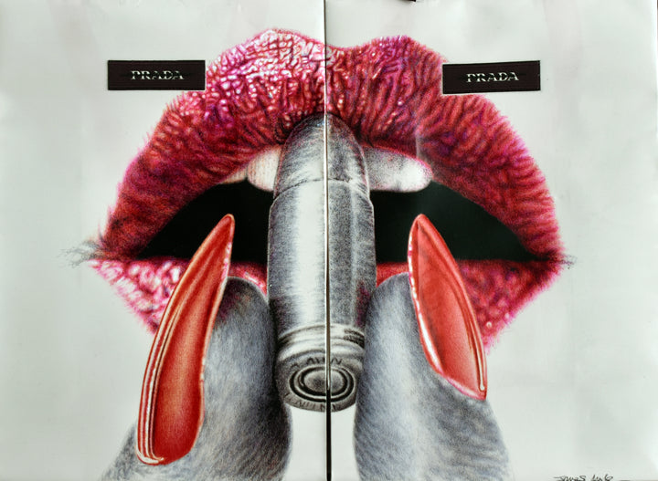 Original artwork titled “Apply With Caution” by James Mylne, featuring a provocative hyperrealistic drawing of glossy red lips applying lipstick formed from a bullet. Created using red and black ballpoint pens and acrylic marker on two Prada gift bags, the work is framed in a black box frame with red detailing and ribbon handles exposed.
