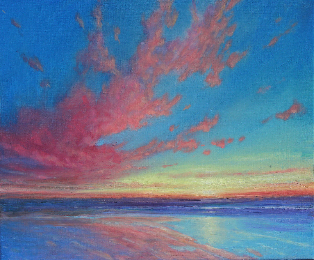 Derek Hare oil painting seascape of a Bahamian beach at sunset with coral pink clouds, golden horizon light and calm blue sea reflecting across the shoreline.