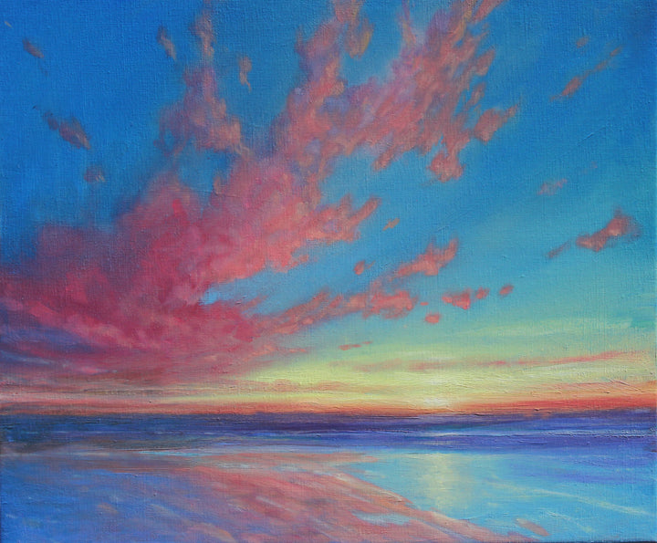 Derek Hare oil painting seascape of a Bahamian beach at sunset with coral pink clouds, golden horizon light and calm blue sea reflecting across the shoreline.