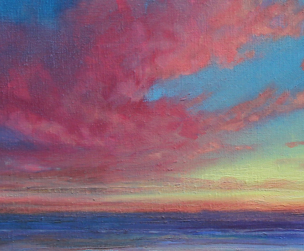 Derek Hare oil painting seascape of a Bahamian beach at sunset with coral pink clouds, golden horizon light and calm blue sea reflecting across the shoreline.