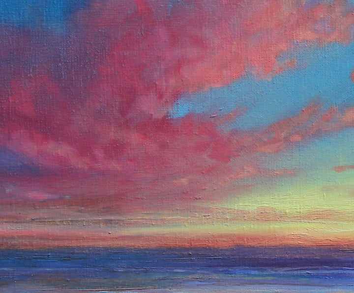 Derek Hare oil painting seascape of a Bahamian beach at sunset with coral pink clouds, golden horizon light and calm blue sea reflecting across the shoreline.