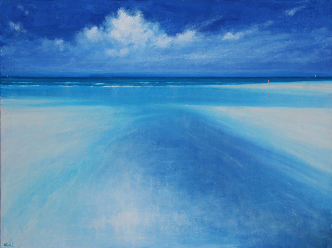 Derek Hare oil painting seascape of a Bahamian beach at low tide with expansive blue water, soft clouds and distant figures on the horizon.