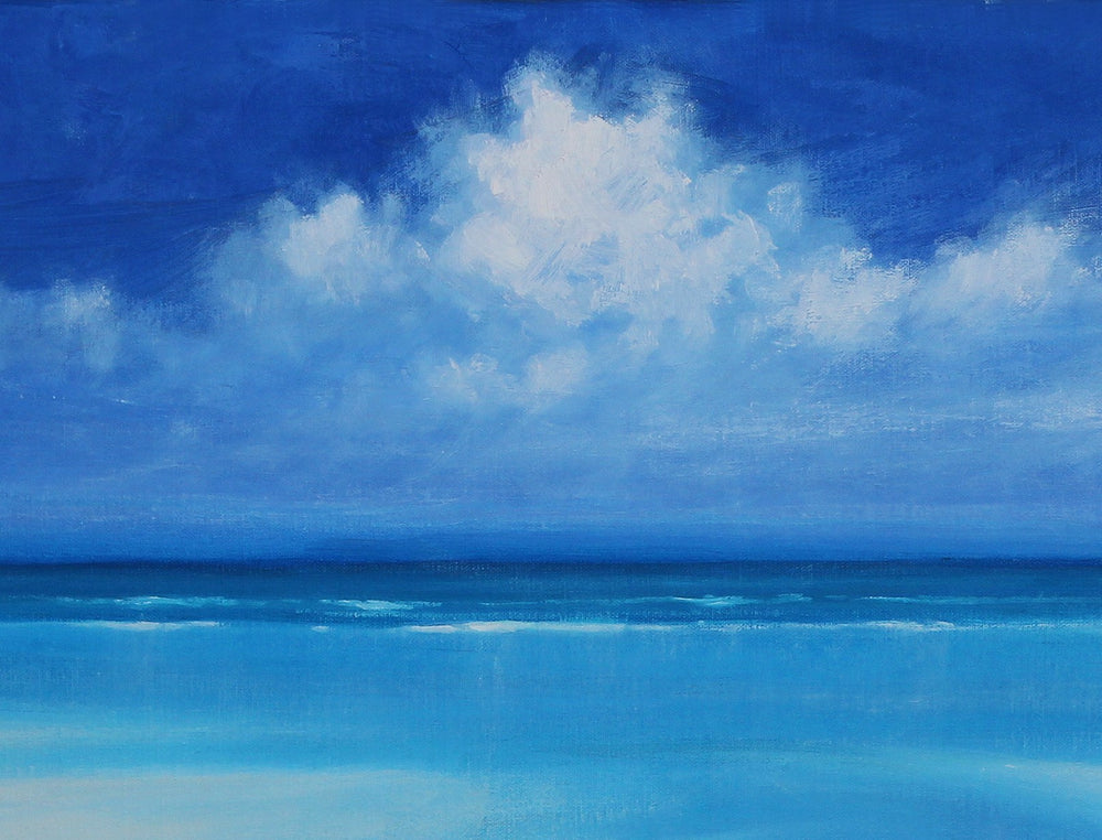 Derek Hare oil painting seascape of a Bahamian beach at low tide with expansive blue water, soft clouds and distant figures on the horizon.