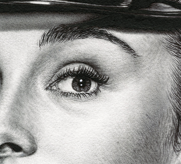 Contemporary artwork reimagining a £20 banknote featuring a poised Audrey Hepburn in a naval officer’s uniform, rendered in photorealistic detail with layered currency motifs using biro.
