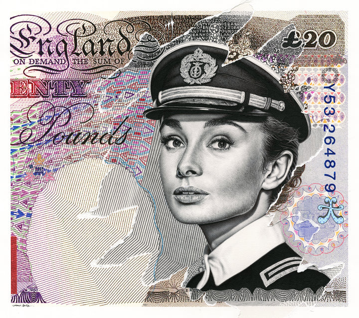 Contemporary artwork reimagining a £20 banknote featuring a poised Audrey Hepburn in a naval officer’s uniform, rendered in photorealistic detail with layered currency motifs using biro.