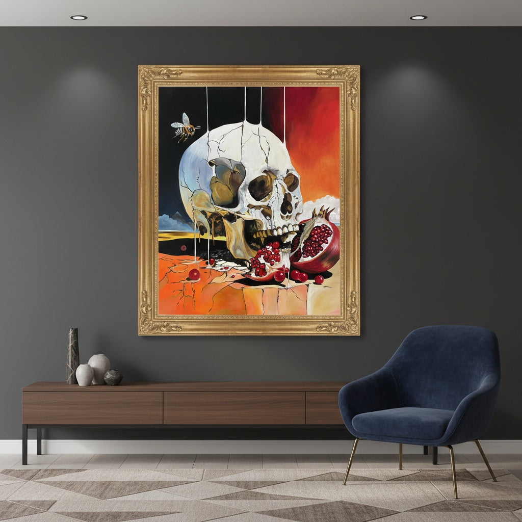 Victoria Saint The Awakening oil painting of a cracked skull biting into a ripe pomegranate with vivid red seeds, set against a surreal landscape, exploring themes of desire, awareness and transformation.