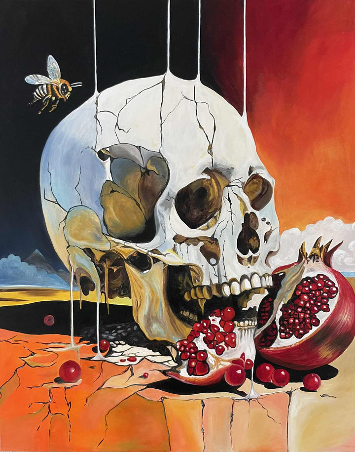 Victoria Saint The Awakening oil painting of a cracked skull biting into a ripe pomegranate with vivid red seeds, set against a surreal landscape, exploring themes of desire, awareness and transformation.