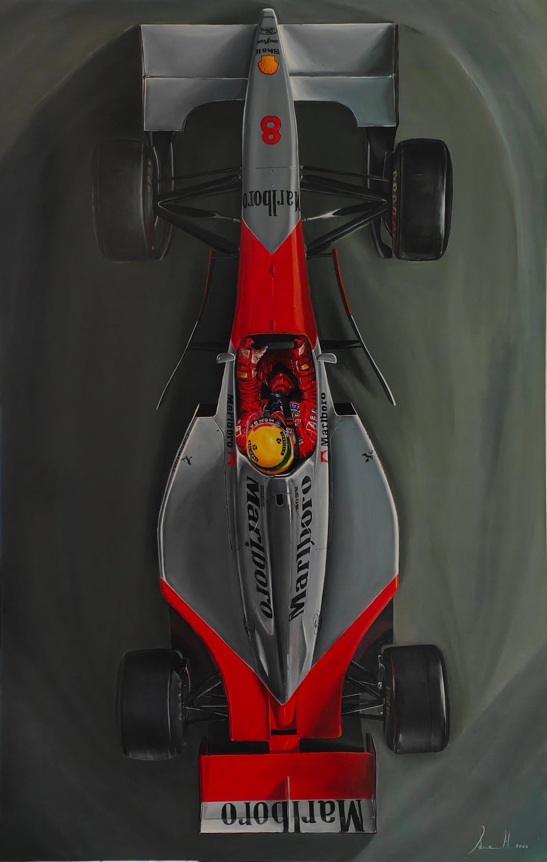 Hyper-realistic top-down painting of Ayrton Senna driving the legendary McLaren MP4/4 Formula 1 car, finished in iconic Marlboro red and white livery, set against a deep grey racing track background. Senna’s bright yellow helmet glows at the centre of the sleek aerodynamic body, capturing speed, control, and motorsport heritage in a striking aerial perspective.