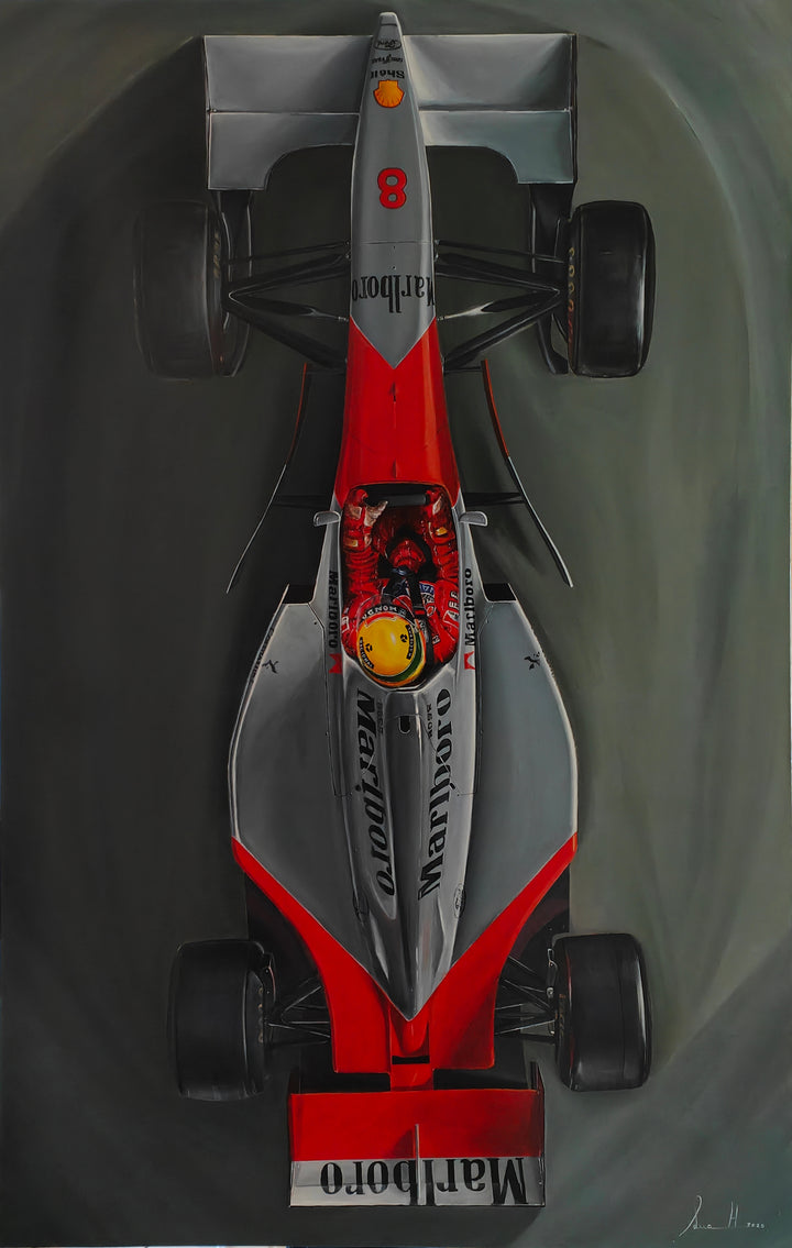 Hyper-realistic top-down painting of Ayrton Senna driving the legendary McLaren MP4/4 Formula 1 car, finished in iconic Marlboro red and white livery, set against a deep grey racing track background. Senna’s bright yellow helmet glows at the centre of the sleek aerodynamic body, capturing speed, control, and motorsport heritage in a striking aerial perspective.