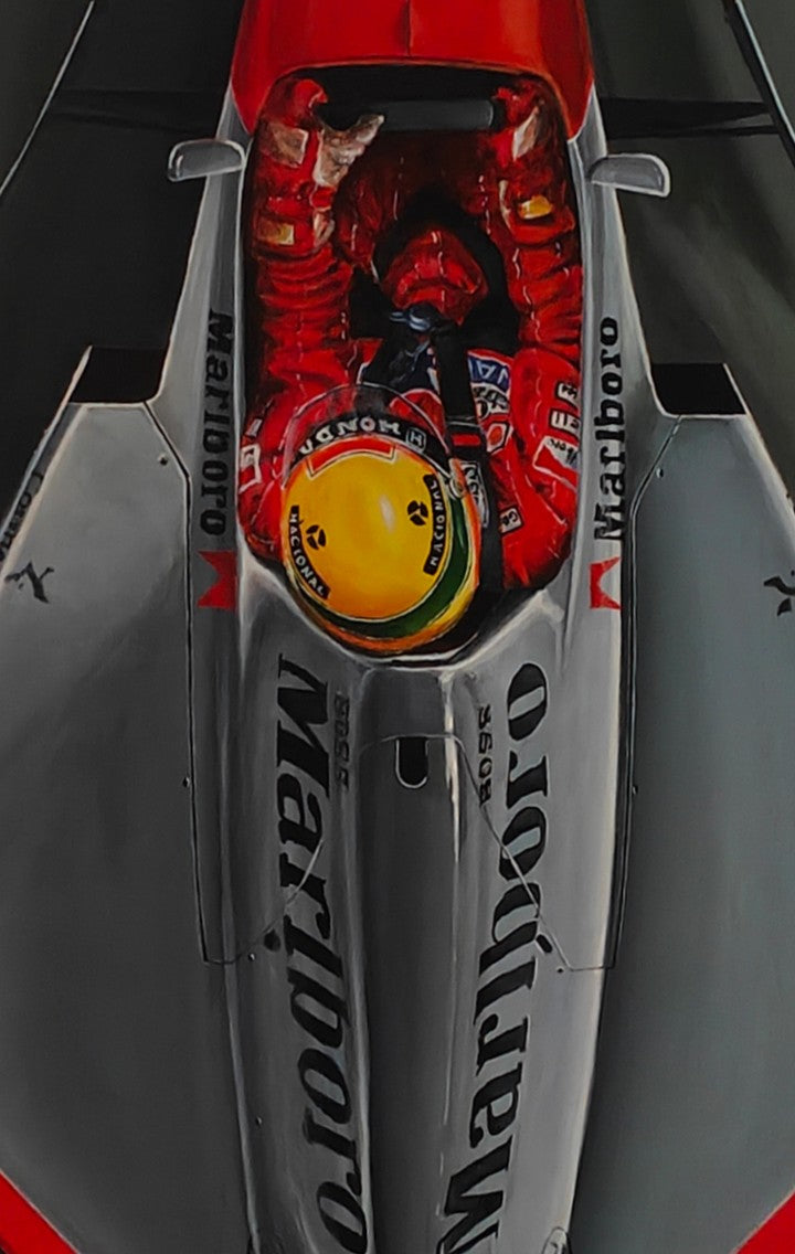 Hyper-realistic top-down painting of Ayrton Senna driving the legendary McLaren MP4/4 Formula 1 car, finished in iconic Marlboro red and white livery, set against a deep grey racing track background. Senna’s bright yellow helmet glows at the centre of the sleek aerodynamic body, capturing speed, control, and motorsport heritage in a striking aerial perspective.