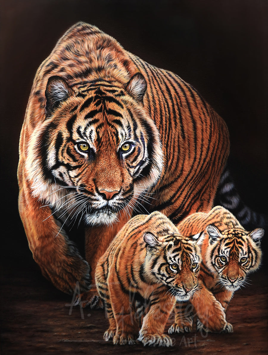 Realistic painting of a tiger with two cubs walking cautiously forward.