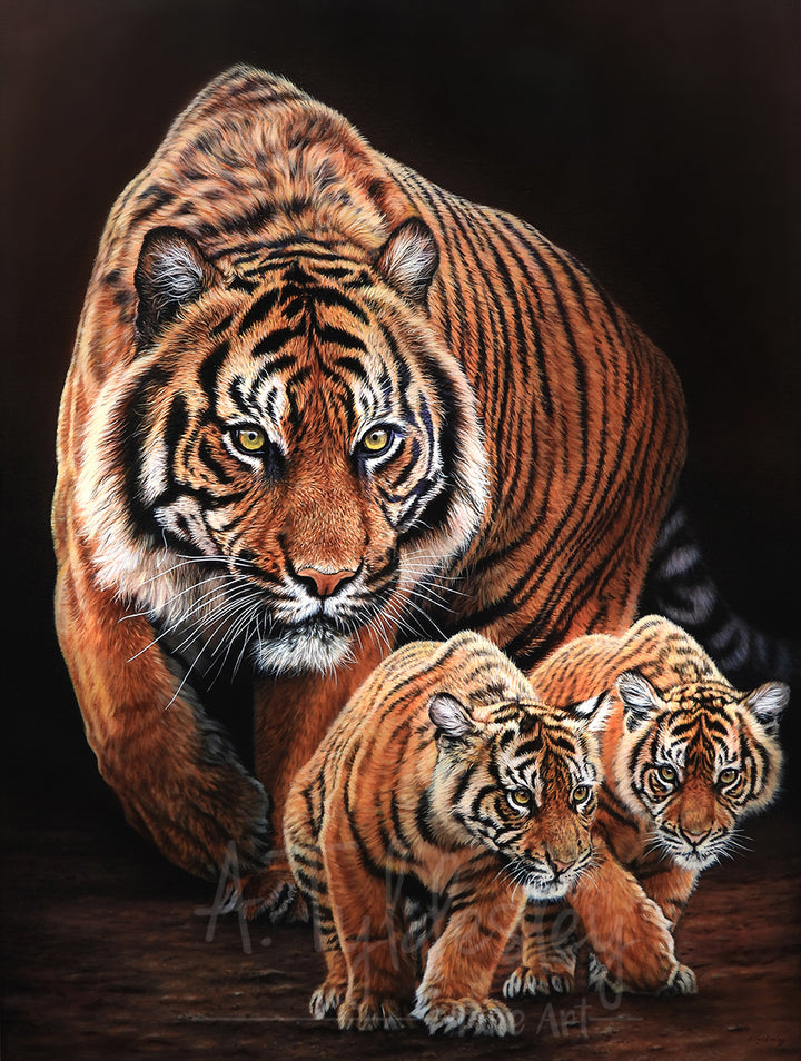 Realistic painting of a tiger with two cubs walking cautiously forward.